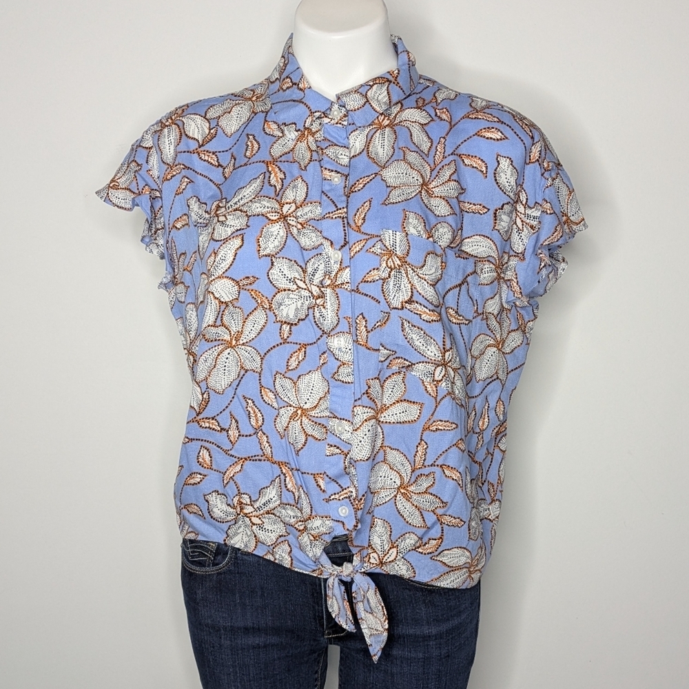 NWT Jessica Simpson Blue White Orange Floral Button Up Tie Waist Blouse M